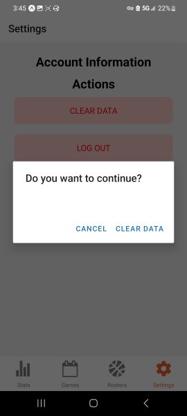The alert from pushing the Clear Data button
